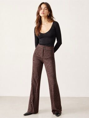 H&M Woman Brown High Waist Retro Swirl Stretch Fabric Flare Pants SMALL Hippie